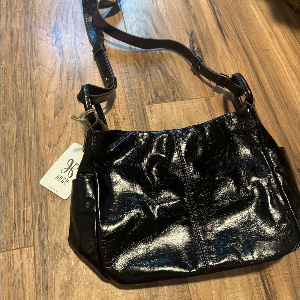 HOBO Black Patent Leather Shoulder Hobo Bag